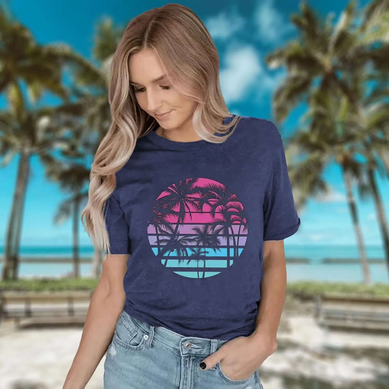 Hawaiian Shirts for Women Palm Trees Beach Graphic Tee Tops Summer Vacation Short Sleeve Tshirt Tops