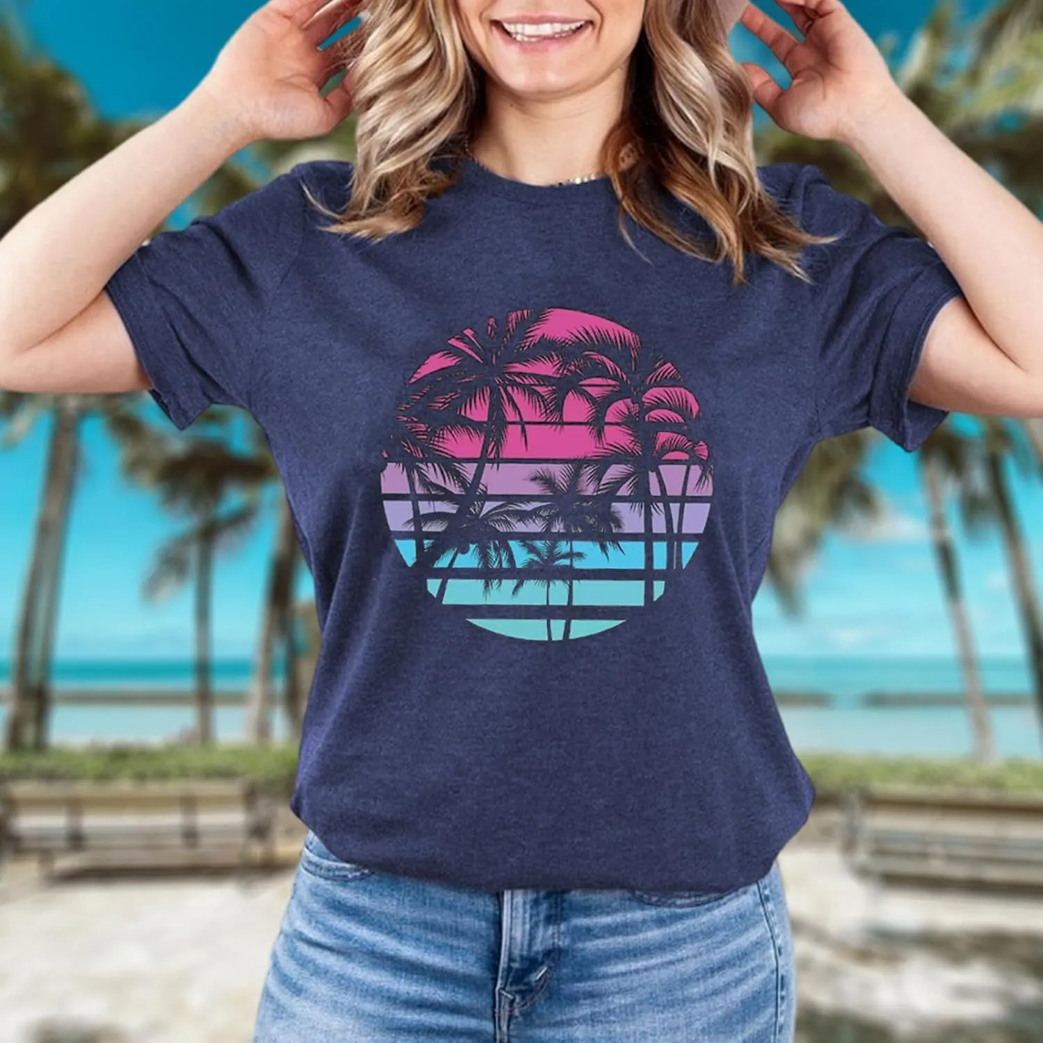 Hawaiian Shirts for Women Palm Trees Beach Graphic Tee Tops Summer Vacation Short Sleeve Tshirt Tops