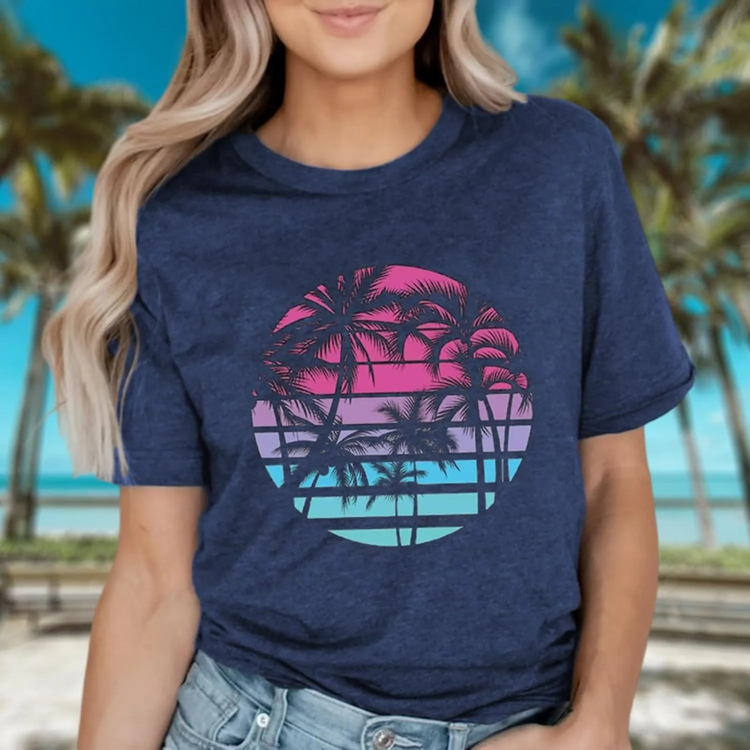 Hawaiian Shirts for Women Palm Trees Beach Graphic Tee Tops Summer Vacation Short Sleeve Tshirt Tops