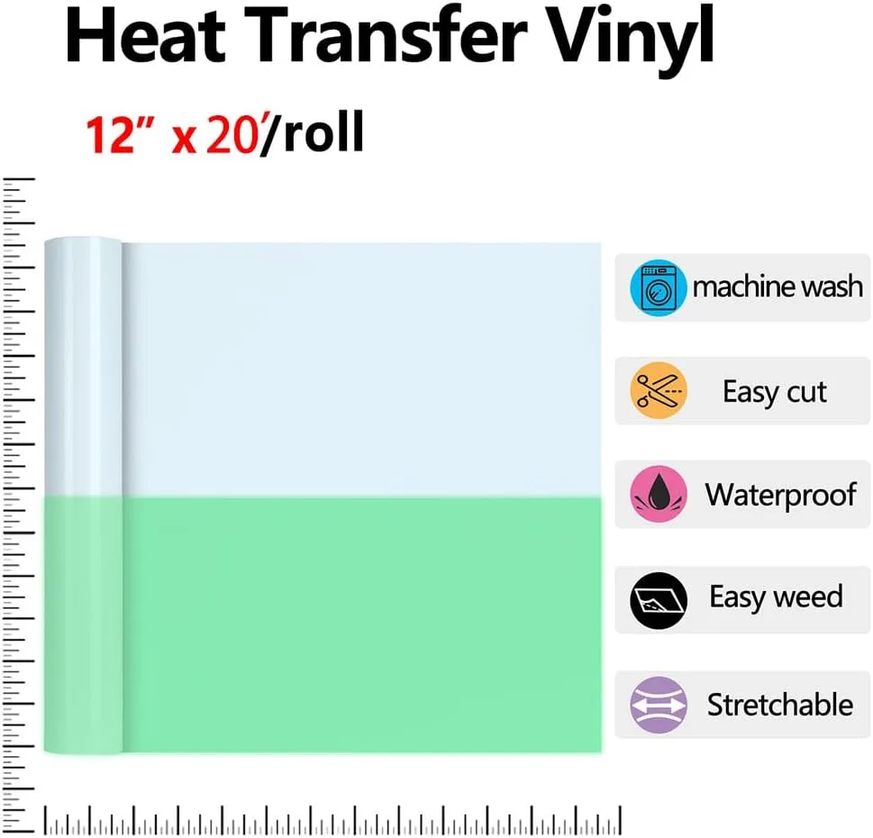HTVVETUR Glow in The Dark HTV Heat Transfer Vinyl Roll 12 Inch by 20 Feet Iron on DIY for T-Shirt PU Stretch Elastic HTV Vinyl (Dark in Glow Light Green, 20FT)