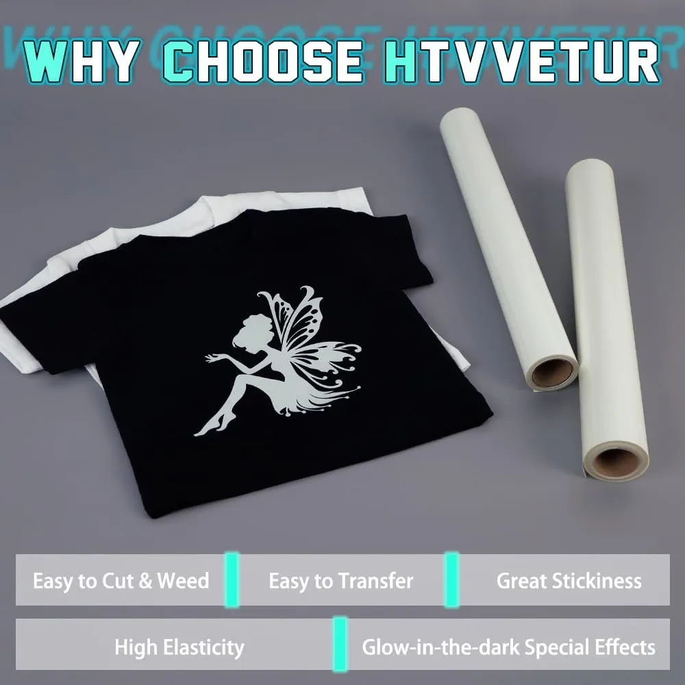 HTVVETUR Glow in The Dark HTV Heat Transfer Vinyl Roll 12 Inch by 20 Feet Iron on DIY for T-Shirt PU Stretch Elastic HTV Vinyl (Dark in Glow Light Green, 20FT)