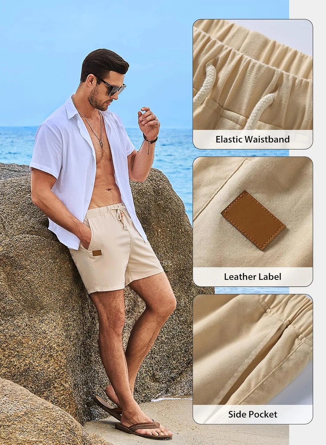 JMIERR Mens Casual 5"/ 7" Cotton Linen Shorts - Elastic Waist Drawstring Summer Beach Shorts with Pockets