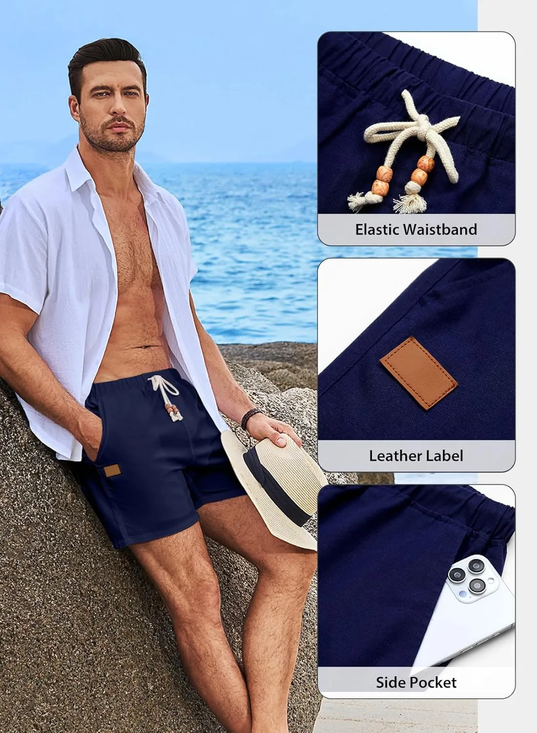 JMIERR Mens Casual 5"/ 7" Cotton Linen Shorts - Elastic Waist Drawstring Summer Beach Shorts with Pockets
