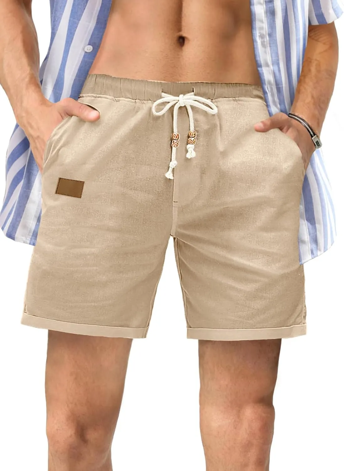 JMIERR Mens Casual 5"/ 7" Cotton Linen Shorts - Elastic Waist Drawstring Summer Beach Shorts with Pockets