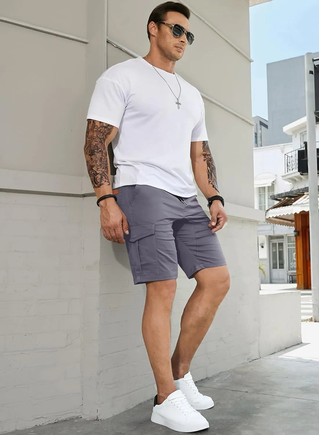 JMIERR Mens Casual Cargo Shorts - Cotton Drawstring Stretch Summer Beach Shorts Twill Chino Short with 6 Pockets