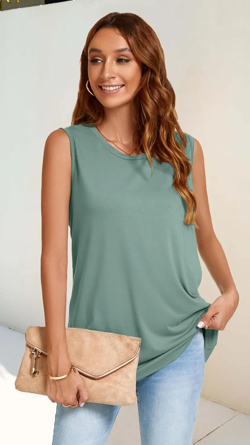 JOELLYUS Womens Tank Tops Summer Casual Crew Neck Sleeveless Top Loose Fit Basic Tunic Shirts