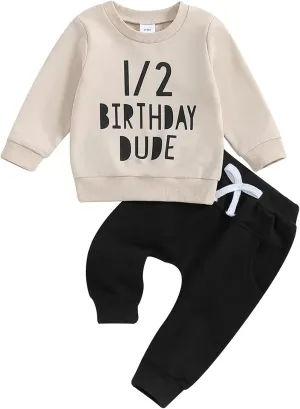 Kayotuas Half Birthday Outfit Baby Boy Letter Print Long Sleeve Sweatshirt Top and Pants Infant 2 Piece Sets Fall Clothes