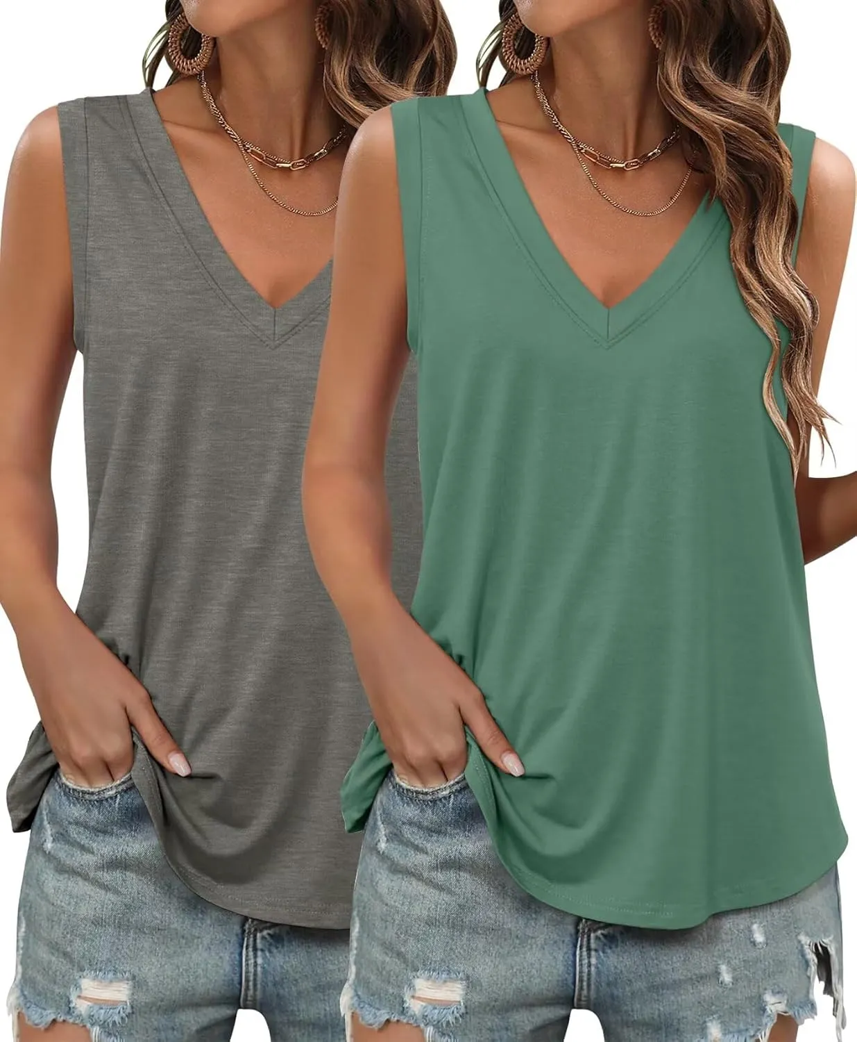 KKJ 2 Pack Womens Tank Tops 2025 Summer V Neck Sleeveless Loose Fit Casual Beach Vacation Outfits Shirt Trendy Cruise Clothes
