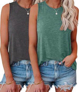 KKJ 2 Pack Womens Tank Tops Summer Beach Vacation Clothes Fashion Outfits Crew Neck Sleeveless Loose Fit Blouse Casual Shirts