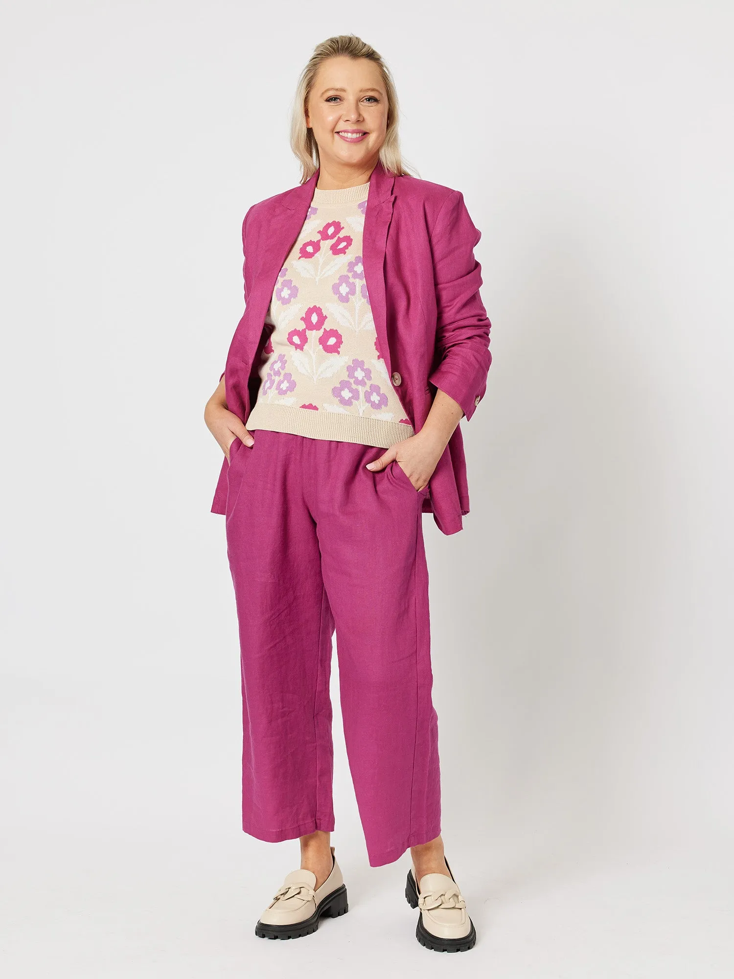 Lara Linen Wide Leg Pant - Magenta