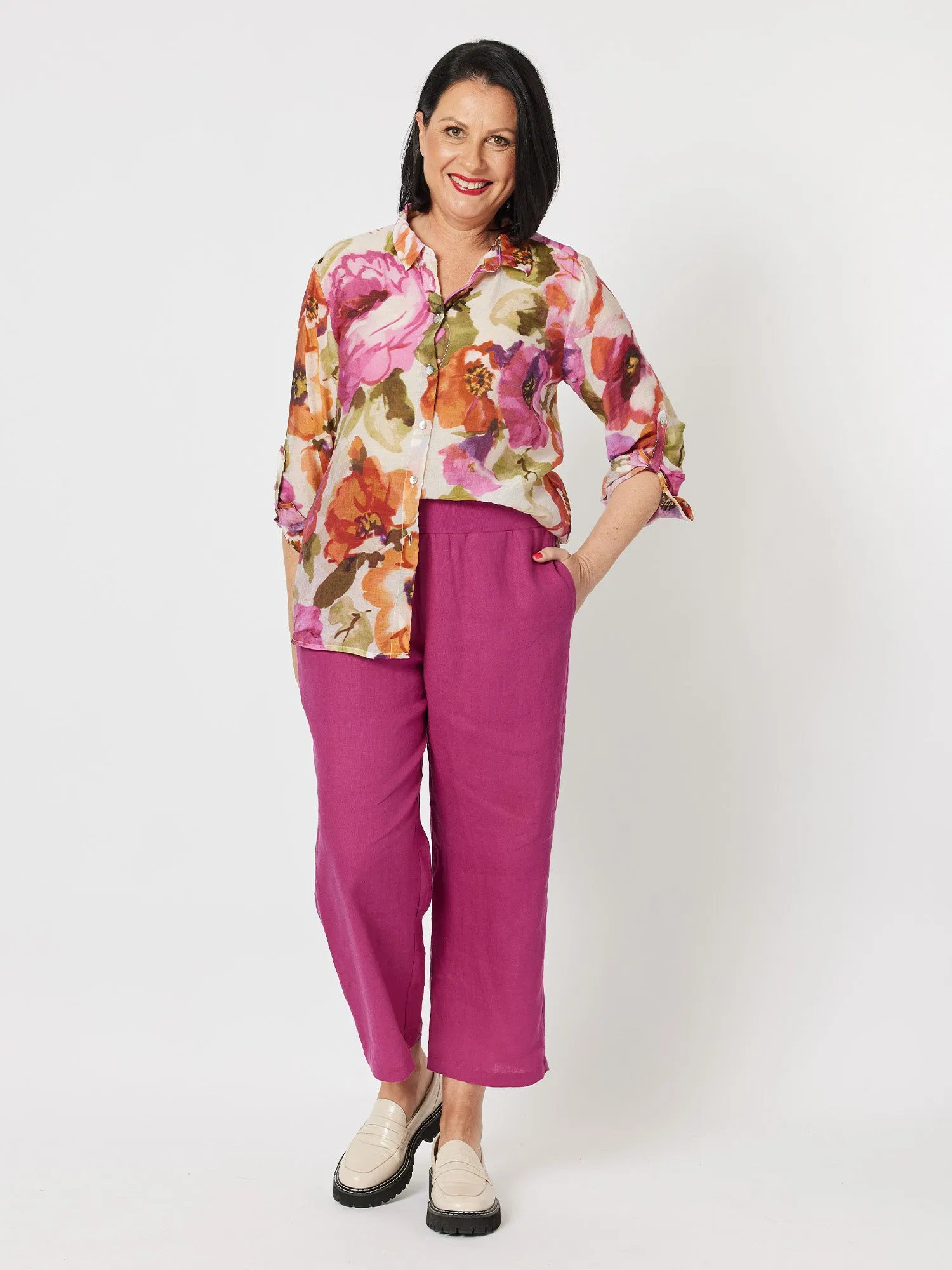 Lara Linen Wide Leg Pant - Magenta
