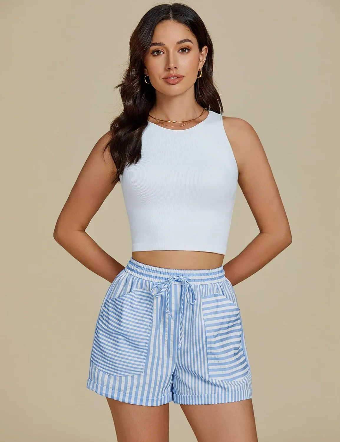 luvamia Striped Shorts for Women High Waisted Trendy Casual Pull On Drawstring Elastic Waist Beach Shorts with Pockets
