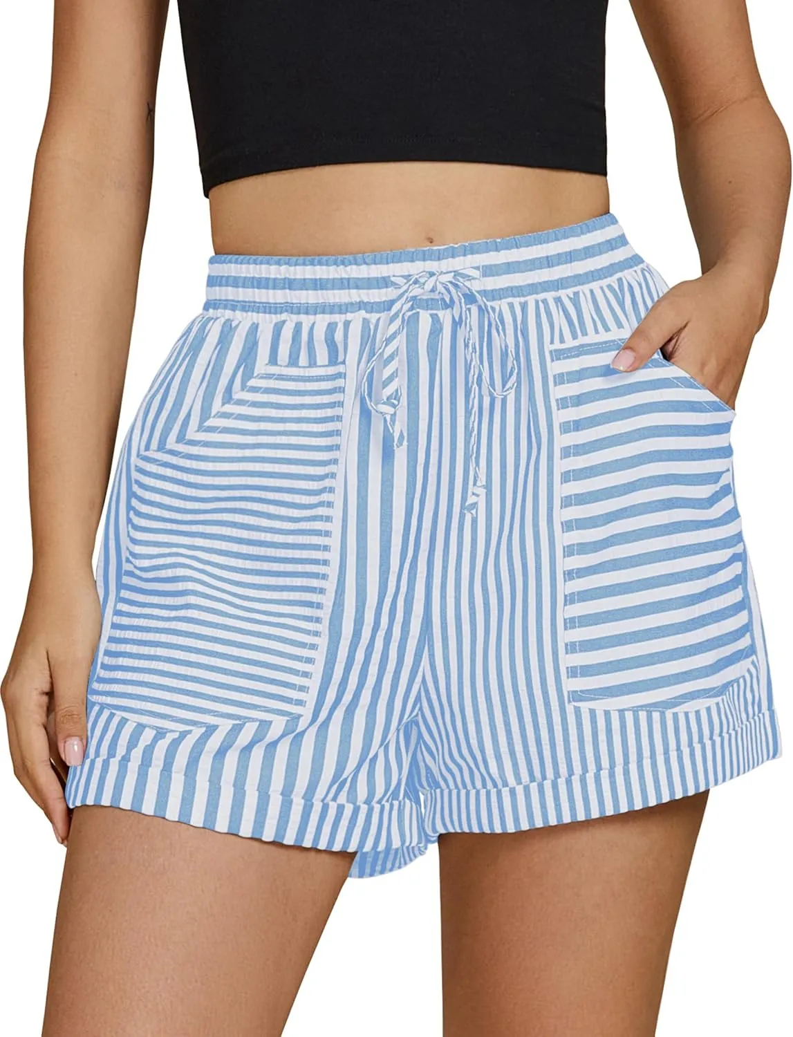 luvamia Striped Shorts for Women High Waisted Trendy Casual Pull On Drawstring Elastic Waist Beach Shorts with Pockets