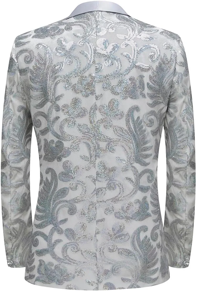 Men Fashion Velvet Sequins Floral Pattern Suit Jacket Blazer