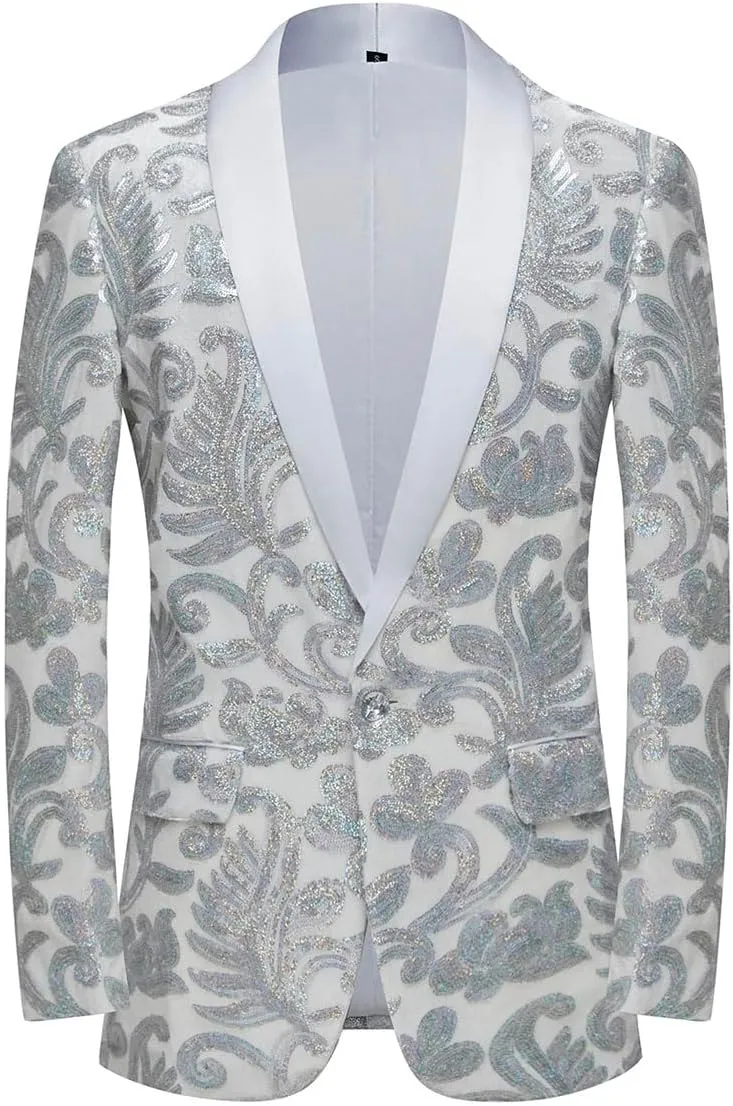 Men Fashion Velvet Sequins Floral Pattern Suit Jacket Blazer