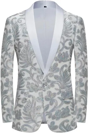 Men Fashion Velvet Sequins Floral Pattern Suit Jacket Blazer