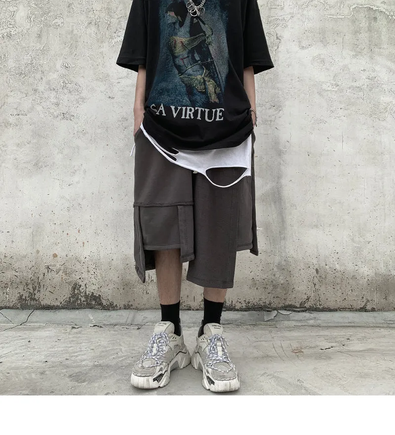 Men Irregular Stitching Retro High Street Shorts - Hip-hop Terry Pants