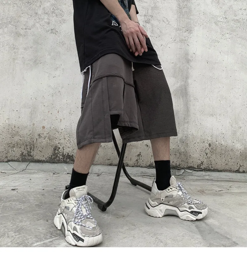 Men Irregular Stitching Retro High Street Shorts - Hip-hop Terry Pants