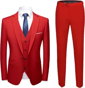 Men's 3 Pieces Suits Slim Fit Suit Business Wedding Dress Jacket Vest Pants Set Linen Suit Summer Blazer with Pants (Red 1,X-Large)