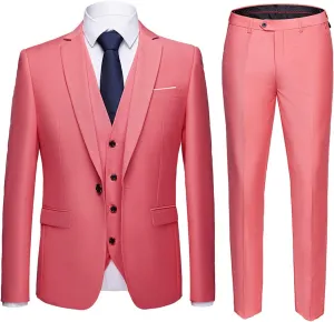 Men's 3 Pieces Suits Slim Fit Suit Business Wedding Dress Jacket Vest Pants Set Linen Suit Summer Blazer with Pants (Red 2,Small)