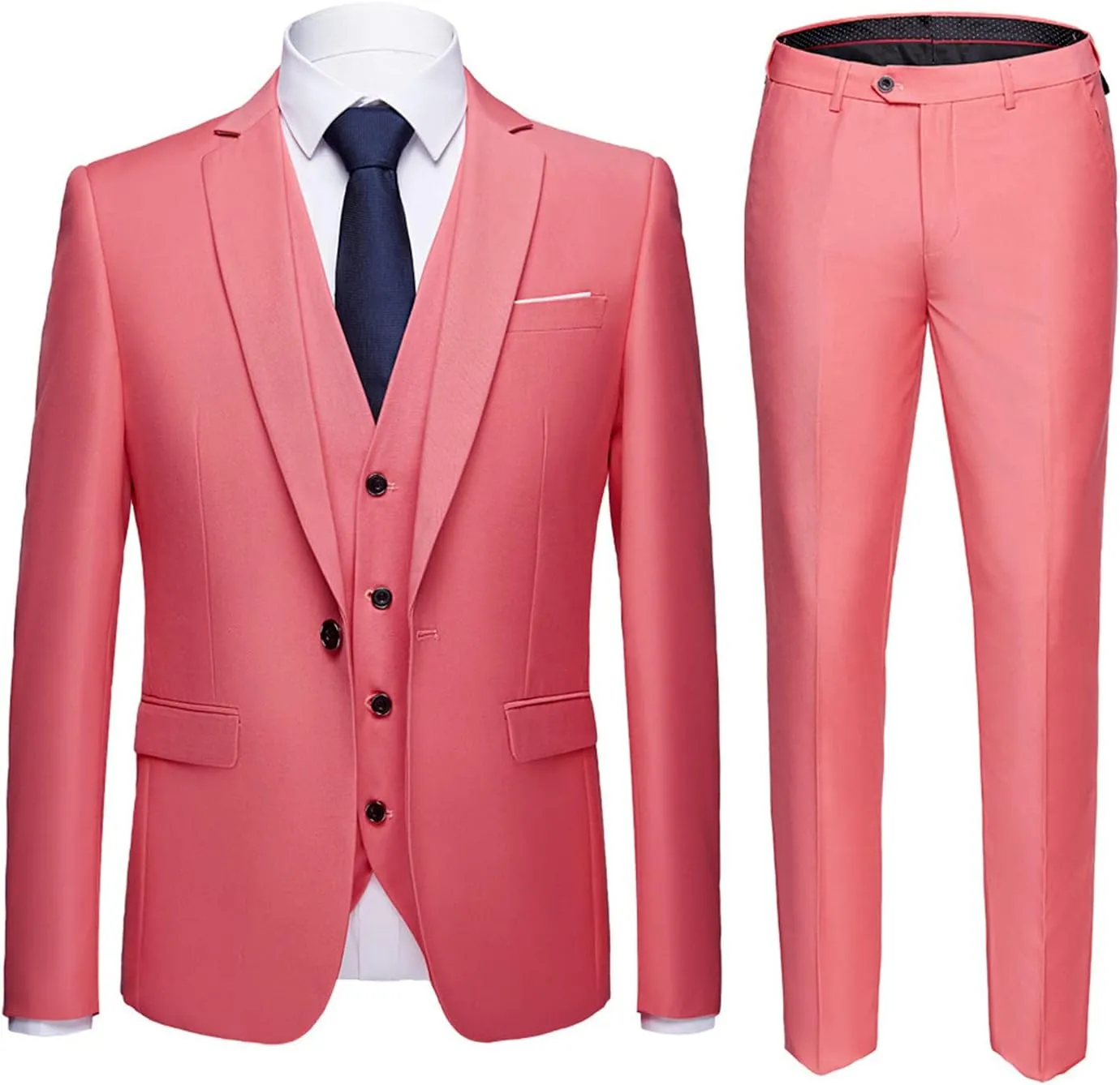 Men's 3 Pieces Suits Slim Fit Suit Business Wedding Dress Jacket Vest Pants Set Linen Suit Summer Blazer with Pants (Red 2,Small)