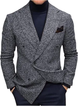 Mens Clasic Fit Plaid Suit Blazer Jacket Double Breasted Blazer Sport Coat Top Lightweight Notched Lapel Business Coats