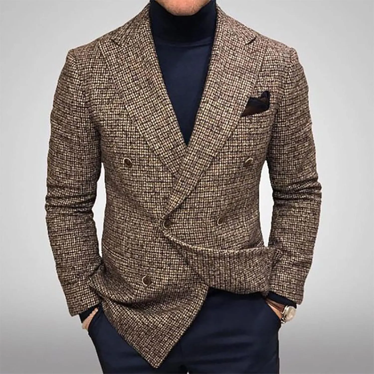 Mens Clasic Fit Plaid Suit Blazer Jacket Double Breasted Blazer Sport Coat Top Lightweight Notched Lapel Business Coats