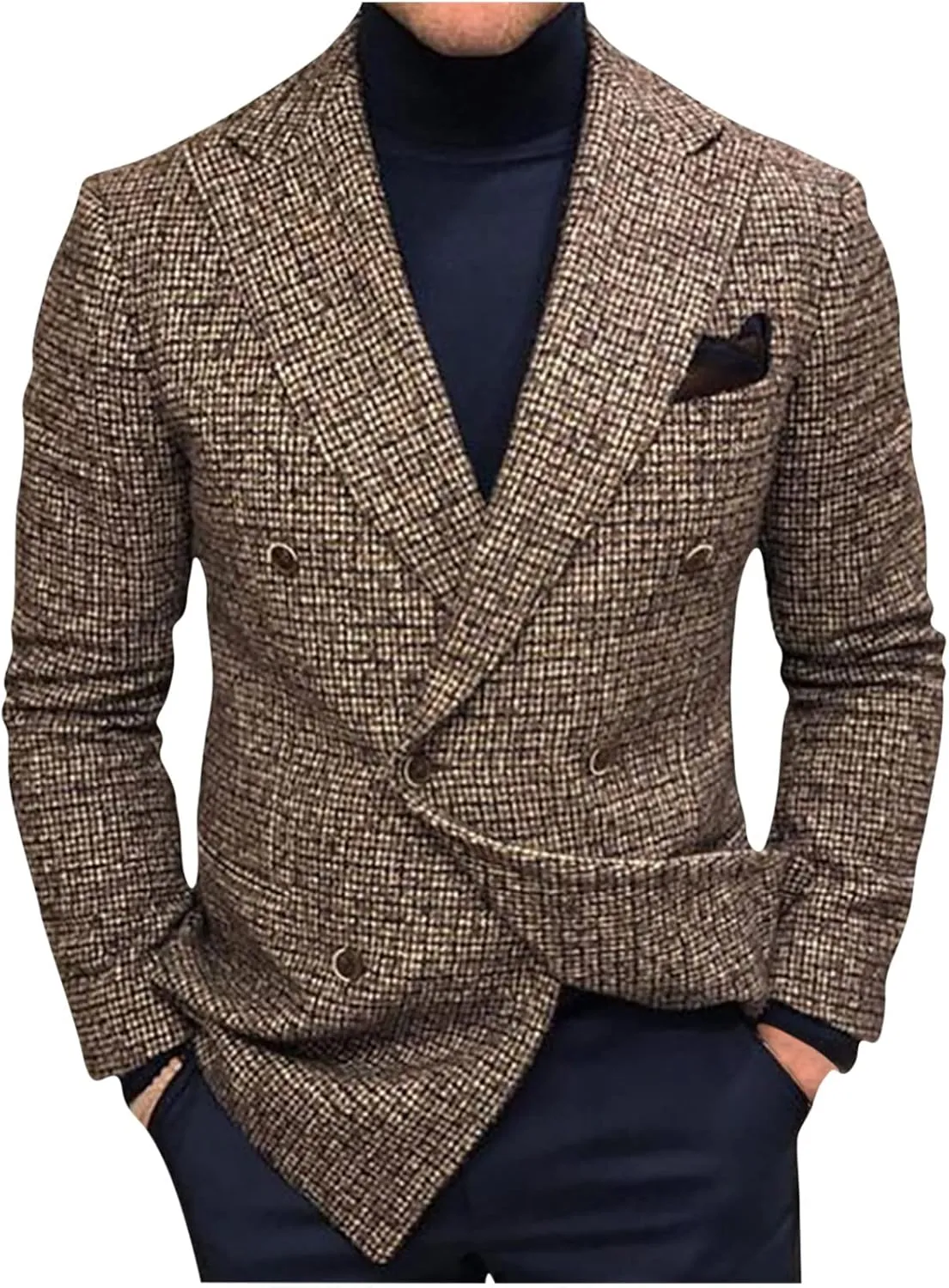 Mens Clasic Fit Plaid Suit Blazer Jacket Double Breasted Blazer Sport Coat Top Lightweight Notched Lapel Business Coats