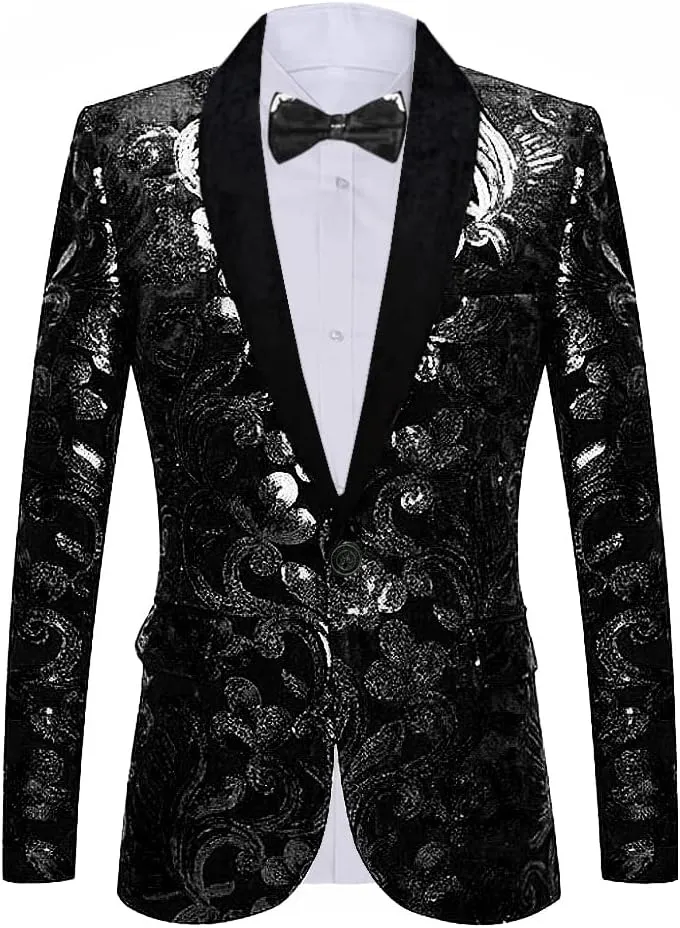 Men's Fashion Velvet Sequins Blazer Floral Pattern Party Prom Suit Jacket