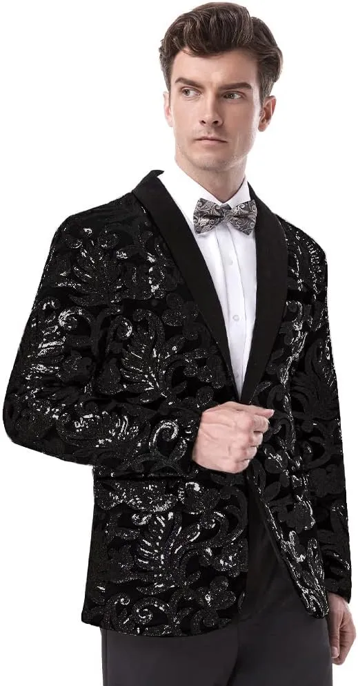 Men's Fashion Velvet Sequins Blazer Floral Pattern Party Prom Suit Jacket