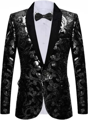 Men's Fashion Velvet Sequins Blazer Floral Pattern Party Prom Suit Jacket