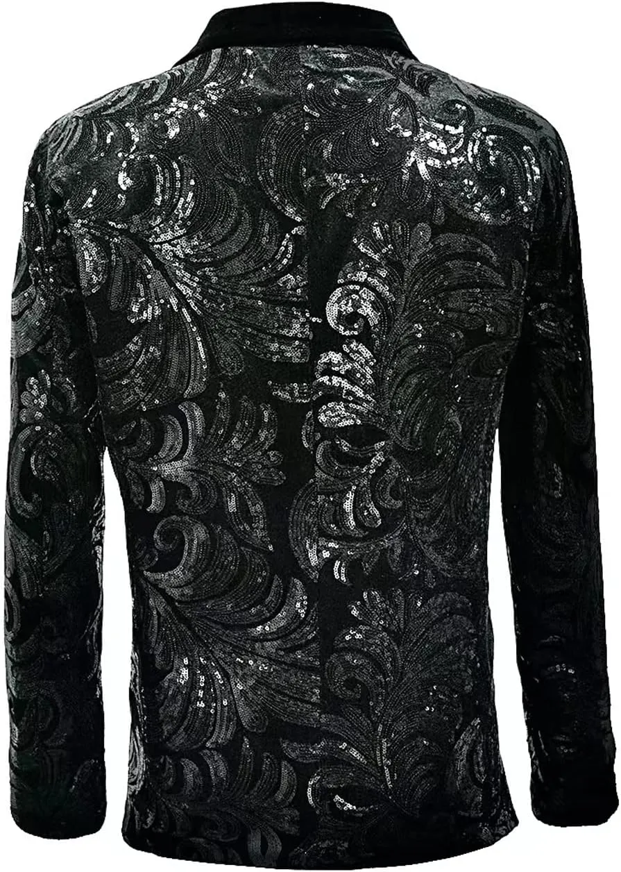 Men's Fashion Velvet Sequins Blazer Floral Pattern Party Prom Suit Jacket