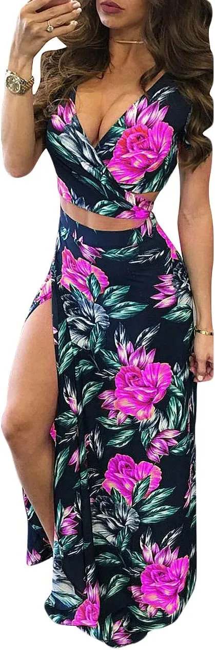 MESLIMA Women Casual 2 Piece Outfits Sexy V Neck Crop Top Boho Floral Print Beach High Split Maxi Dress Sets