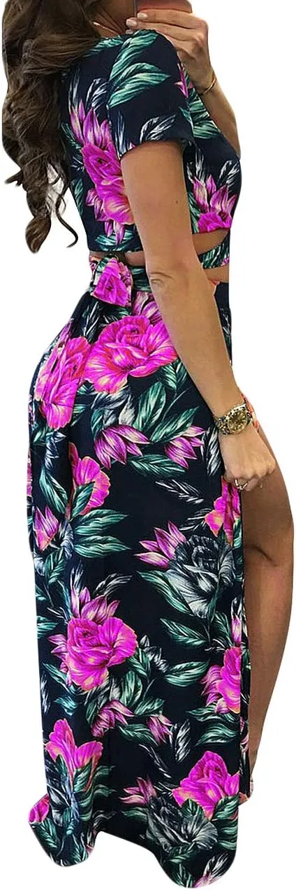 MESLIMA Women Casual 2 Piece Outfits Sexy V Neck Crop Top Boho Floral Print Beach High Split Maxi Dress Sets