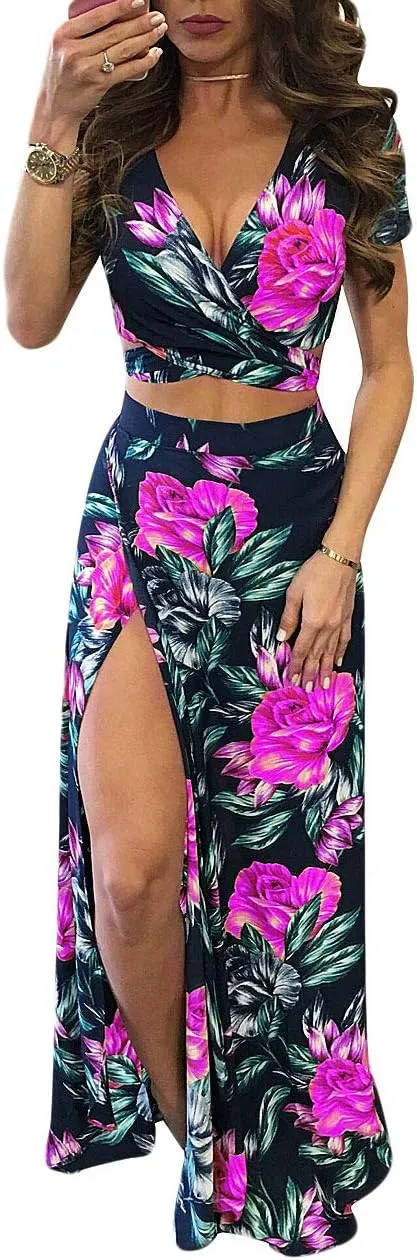 MESLIMA Women Casual 2 Piece Outfits Sexy V Neck Crop Top Boho Floral Print Beach High Split Maxi Dress Sets