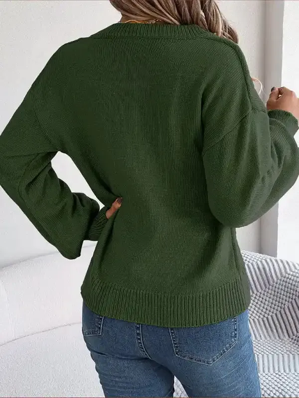New autumn and winter solid color V-neck buttoned twist lantern sleeve pullover sweater