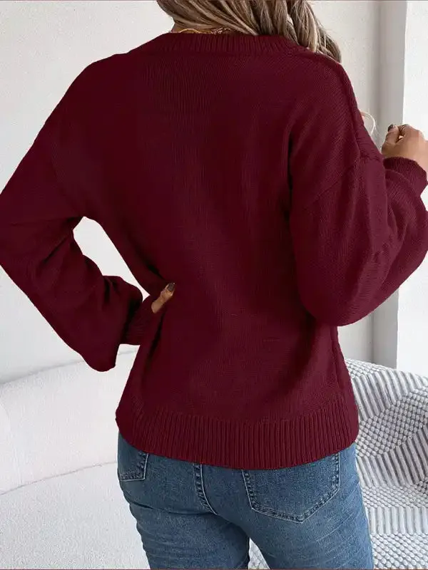 New autumn and winter solid color V-neck buttoned twist lantern sleeve pullover sweater
