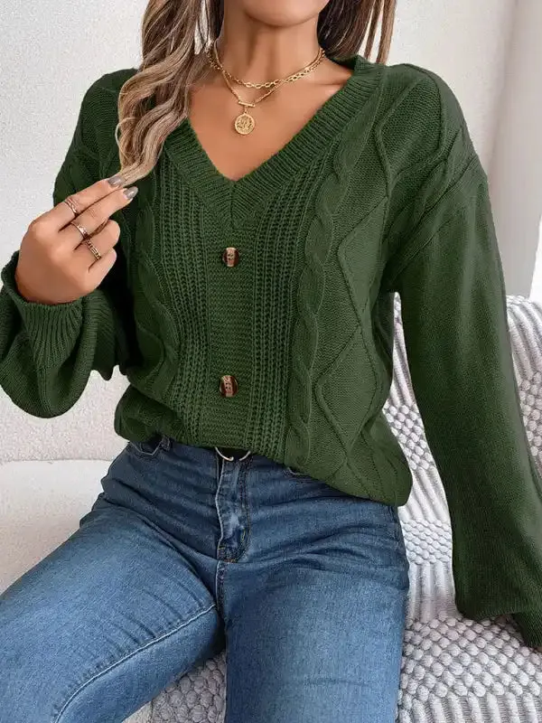 New autumn and winter solid color V-neck buttoned twist lantern sleeve pullover sweater