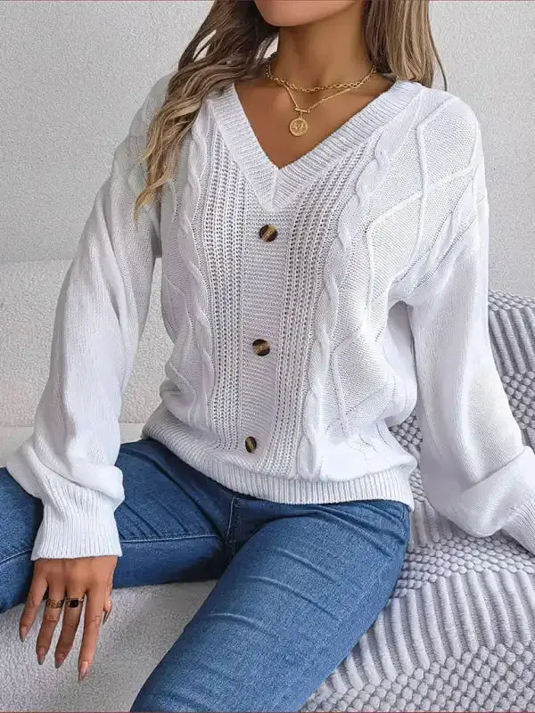 New autumn and winter solid color V-neck buttoned twist lantern sleeve pullover sweater