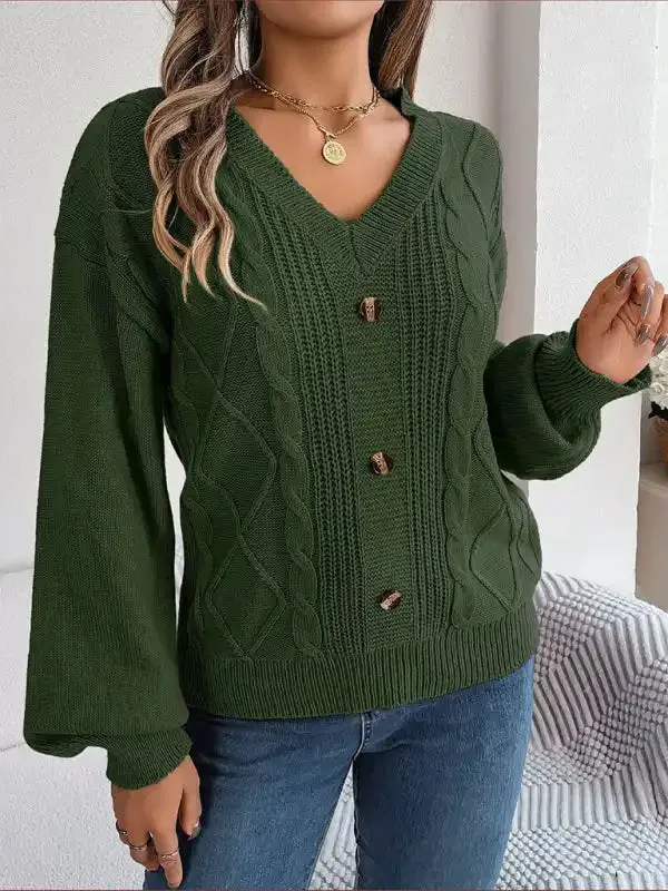 New autumn and winter solid color V-neck buttoned twist lantern sleeve pullover sweater