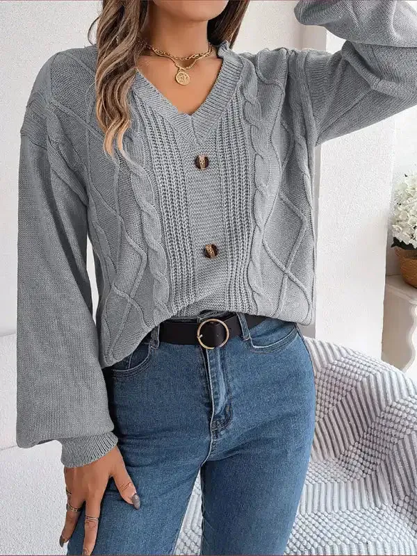 New autumn and winter solid color V-neck buttoned twist lantern sleeve pullover sweater