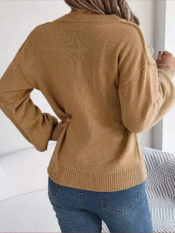 New autumn and winter solid color V-neck buttoned twist lantern sleeve pullover sweater