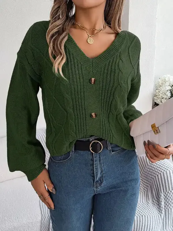 New autumn and winter solid color V-neck buttoned twist lantern sleeve pullover sweater
