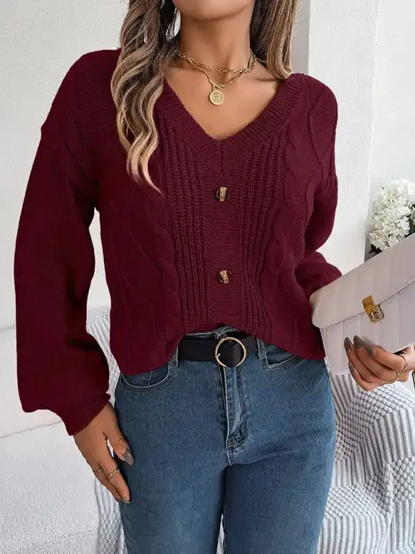 New autumn and winter solid color V-neck buttoned twist lantern sleeve pullover sweater