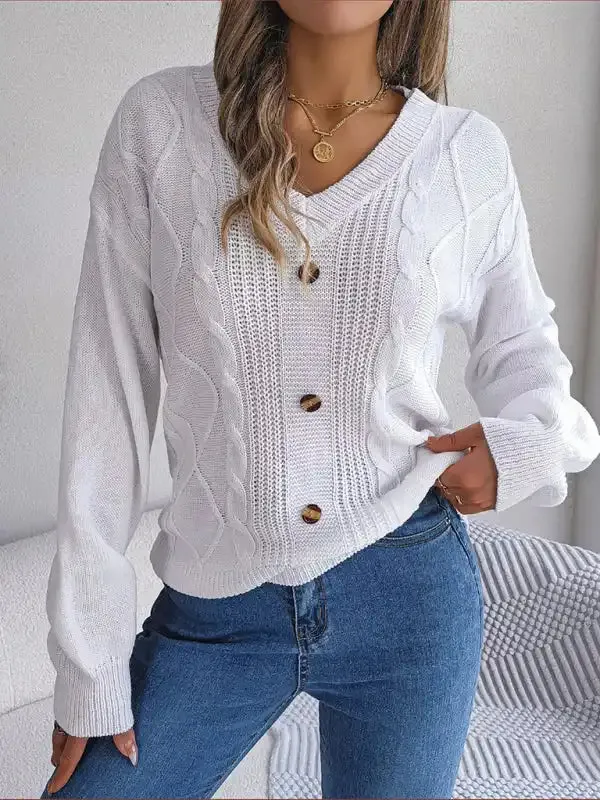 New autumn and winter solid color V-neck buttoned twist lantern sleeve pullover sweater