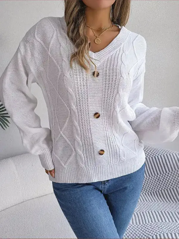New autumn and winter solid color V-neck buttoned twist lantern sleeve pullover sweater
