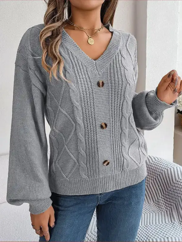 New autumn and winter solid color V-neck buttoned twist lantern sleeve pullover sweater