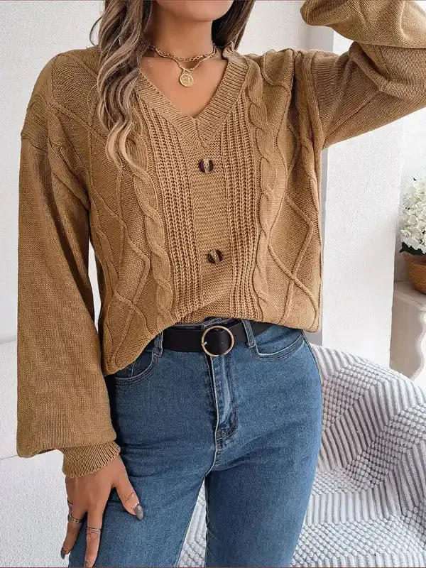 New autumn and winter solid color V-neck buttoned twist lantern sleeve pullover sweater