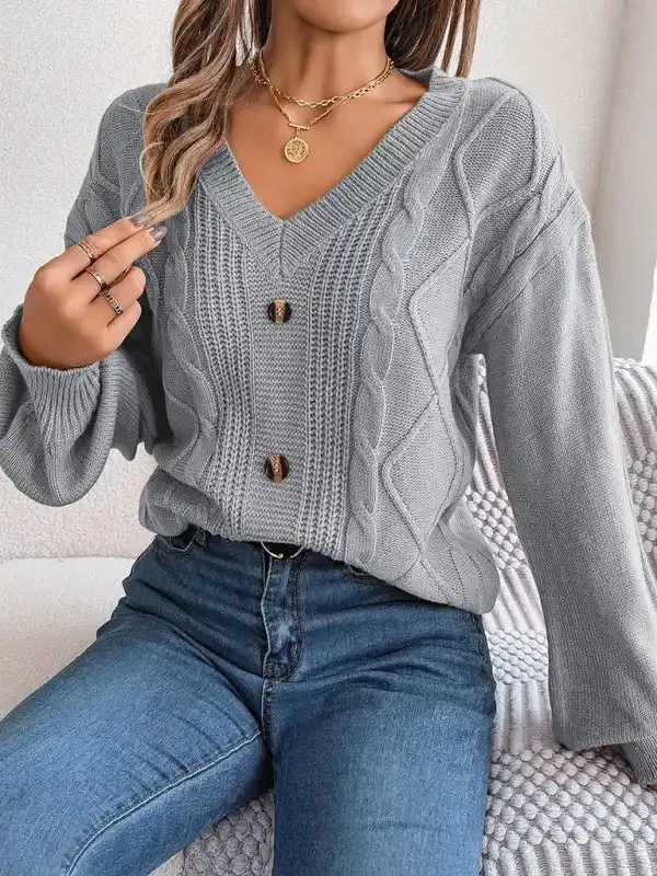 New autumn and winter solid color V-neck buttoned twist lantern sleeve pullover sweater