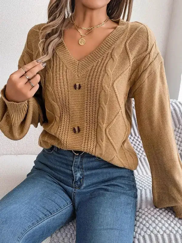 New autumn and winter solid color V-neck buttoned twist lantern sleeve pullover sweater